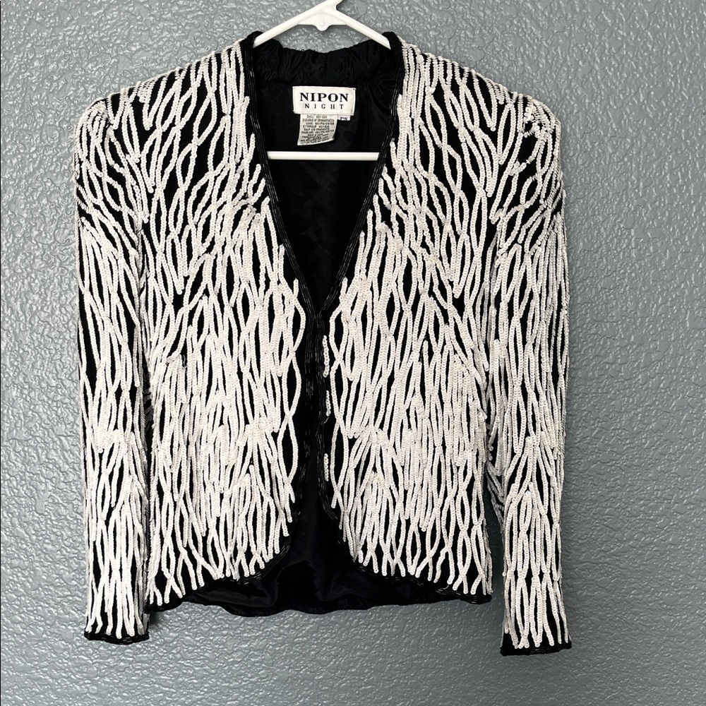 80s Vintage Nipon Night Women's Black and White sequin detailed Blazer